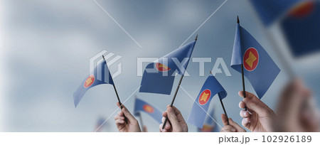 A group of people holding small flags of the ASEAN in their hands 102926189