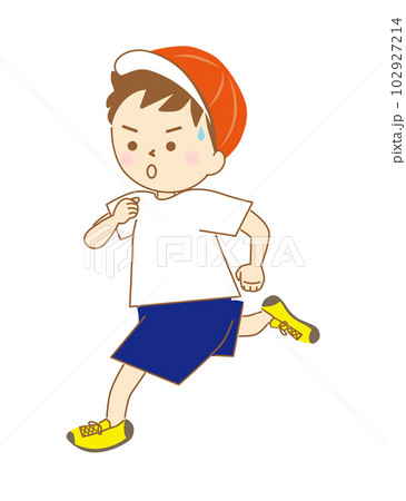 赤白帽子をかぶり、体操服姿で元気に走る男の子 102927214