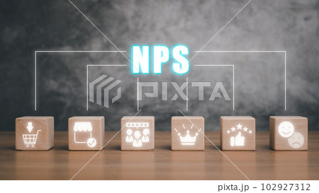 NPS, net promotor score concept, Wooden block on desk with net promotor score icon on virtual screen. 102927312