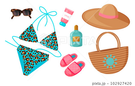 Set of fashion accessories from the sun. Summer set. Blue leopard swimsuit, sunglasses, pink slippers, hat, parfum, bag and sunscreen. Set of fashion accessories from the sun. Summer set. Blue leopard swimsuit, sunglasses, pink slippers, hat, parfum, bag and sunscreen. 102927420