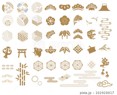 Japanese traditional icon vector. Geometric logo and symbol elements. Gold object decoration in vintage. Fuji mountain, Cherry blossom flower, Bonsai, bamboo, cloud, wave, sign. 102928017