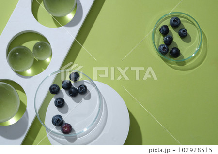 Several glass balls with different sizes displayed with glass petri dish of blueberries. Organic beauty product advertising with blank space. Blueberry has benefits for skin and health Several glass balls with different sizes displayed with glass petri dish of blueberries. Organic beauty product advertising with blank space. Blueberry has benefits for skin and health 102928515