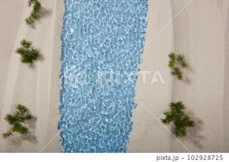 Top view of the natural scene with clear water, sandy shores and small green trees. Natural beauty concept, copy space. 102928725