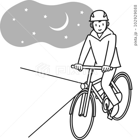 夜間にライトを点けて自転車で走る若い男性 102929088