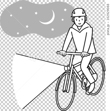 夜間にライトを点けて自転車で走る若い男性 102929088