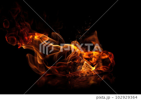 Dark and fiery flames burning on a black background, creating a texture of heat and intensity. Abstract background with a powerful flame effect. AI Generative. 102929364