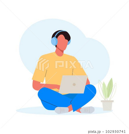 Man student in the headphones studying with laptop. Online distance education concept. E-learning Man student in the headphones studying with laptop. Online distance education concept. E-learning 102930741