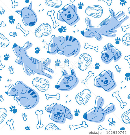 Funny blue seamless pattern with hand drawn doodle dogs, paw prints and bones Funny blue seamless pattern with hand drawn doodle dogs, paw prints and bones 102930742