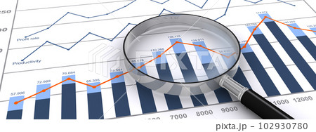ビジネス資料のグラフを虫眼鏡で詳しく見る、ビジネス資料のデータ分析イメージ 102930780