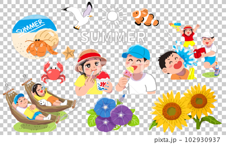 夏休みを満喫する男の子女の子（子供）のイラストセット 102930937