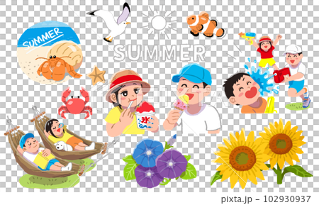 夏休みを満喫する男の子女の子（子供）のイラストセット 102930937