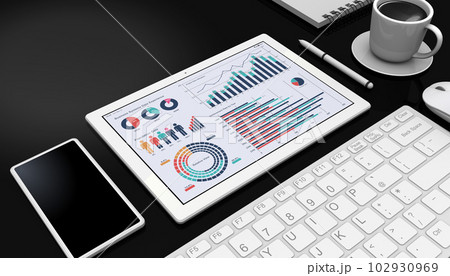 データを表示するタブレット端末とビジネスアイテム、データ分析・検討のイメージ データを表示するタブレット端末とビジネスアイテム、データ分析・検討のイメージ 102930969