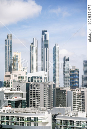 Cityscape with skyscrapers of the business center and the financial district. Economy, construction, business, urban concept. 102931472