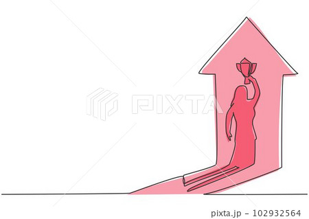 Continuous one line drawing shadow of young female entrepreneur lifting the trophy reflected on the wall. Success manager minimalist concept. Trendy single line draw design vector graphic illustration 102932564