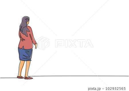 Single continuous line drawing of young beauty businesswoman pose standing and looking back to wall. Professional worker. Minimalism concept dynamic one line draw graphic design vector illustration Single continuous line drawing of young beauty businesswoman pose standing and looking back to wall. Professional worker. Minimalism concept dynamic one line draw graphic design vector illustration 102932565