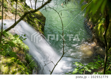 初夏の爽やかな風が青もみじを揺らす岳間渓谷と滝との新緑風景 102932779