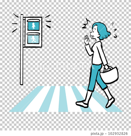 A hand-drawn illustration of a grandmother who is in a hurry because the traffic light is about to turn red A hand-drawn illustration of a grandmother who is in a hurry because the traffic light is about to turn red 102932826