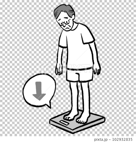 Handwritten style monochrome illustration of a grandpa who loses weight and is depressed 102932835