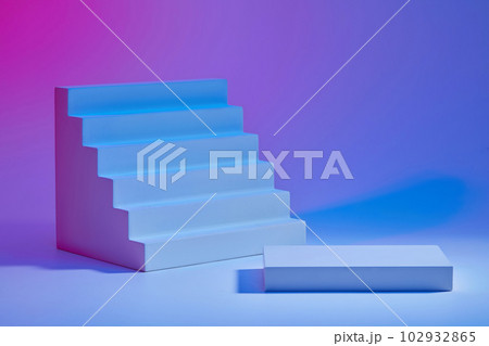 Scene for advertising and branding product with copy space - an empty podium and small stairway decorated on gradient background. Minimal concept 102932865