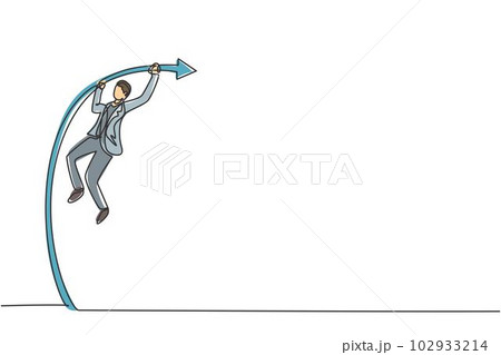 Single continuous line drawing of young business man jumping high on pole vault arena. Attractive professional businessman. Minimalism concept dynamic one line draw graphic design vector illustration 102933214