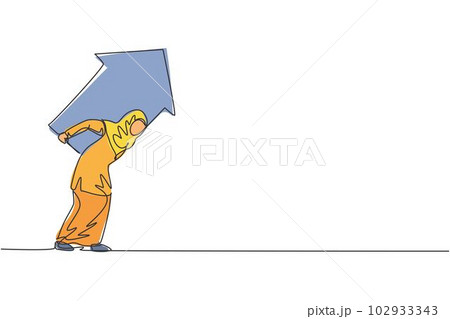 Single one line drawing of young Arabian businesswoman holding up arrow symbol on her back. Business financial growth minimal concept. Modern continuous line draw design graphic vector illustration 102933343
