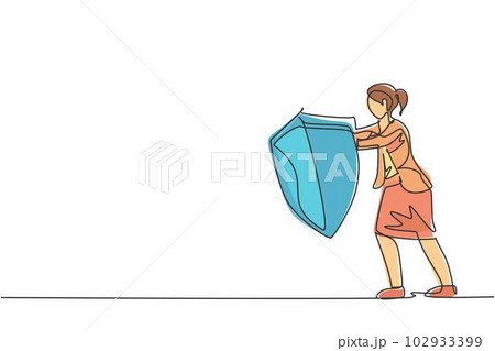 Single continuous line drawing of young female manager holding metal shield protection. Defense businesswoman metaphor. Minimalism concept dynamic one line draw graphic design vector illustration 102933399