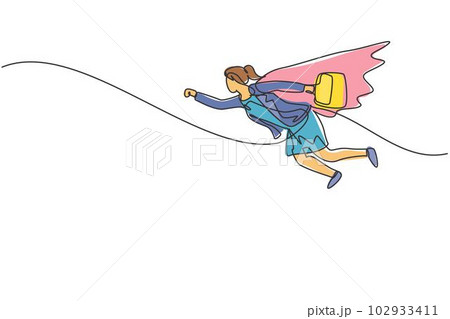 Continuous one line drawing young female worker flying high in the sky while holding briefcase. Success business manager minimalist concept. Trendy single line draw design vector graphic illustration 102933411