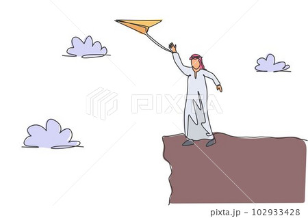 Single continuous line drawing young Arab business man waving hand to flying paper plane from top of mountain. Minimalism metaphor concept. Dynamic one line draw graphic design vector illustration 102933428
