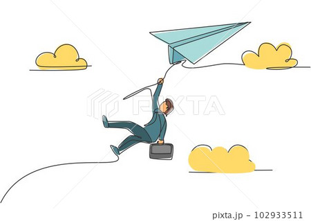Continuous one line drawing of young male worker hanging tight on flying paper aircraft. Business challenge, metaphor concept. Minimalist trendy single line draw design vector graphic illustration 102933511