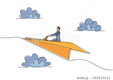 Single continuous line drawing of young business man flies a paper air plane high. Professional businessman, metaphor concept. Minimalism dynamic one line draw. Graphic design vector illustration Single continuous line drawing of young business man flies a paper air plane high. Professional businessman, metaphor concept. Minimalism dynamic one line draw. Graphic design vector illustration 102933512