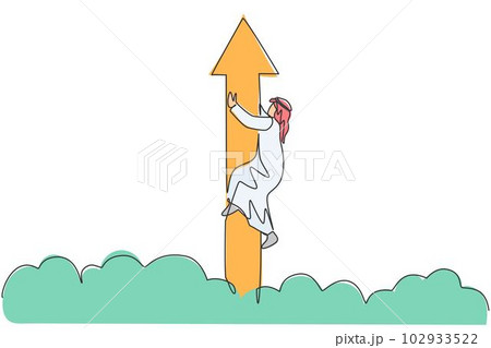 Single one line drawing young Arabic businessman holding up arrow sign while flying on sky. Success business growth strategy minimal concept. Continuous line draw design graphic vector illustration Single one line drawing young Arabic businessman holding up arrow sign while flying on sky. Success business growth strategy minimal concept. Continuous line draw design graphic vector illustration 102933522