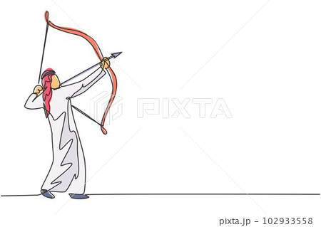 Continuous one line drawing of young Arab businessman aim target before release arrow from the bow. Business vision focus minimalist concept. Trendy single line draw design vector graphic illustration 102933558
