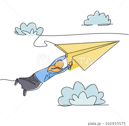Single continuous line drawing young Arab business woman hanging on flying paper plane into the sky. Minimalism metaphor concept. Dynamic one line draw graphic design vector illustration Single continuous line drawing young Arab business woman hanging on flying paper plane into the sky. Minimalism metaphor concept. Dynamic one line draw graphic design vector illustration 102933575