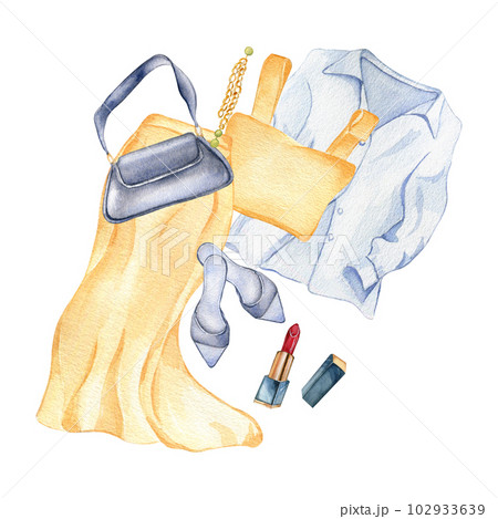 Composition of shirt, skirt, bag, shoes, lipstick, top watercolor illustration isolated on white. Woman's summer outfit hand drawn. Design for shop, sale, magazine, packaging, showcase, pattern 102933639