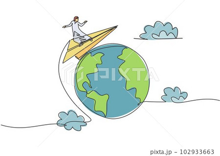 Single one line drawing of young Arabian business man around the world with flying paper plane. Global business trip minimal metaphor concept. Continuous line draw design graphic vector illustration Single one line drawing of young Arabian business man around the world with flying paper plane. Global business trip minimal metaphor concept. Continuous line draw design graphic vector illustration 102933663