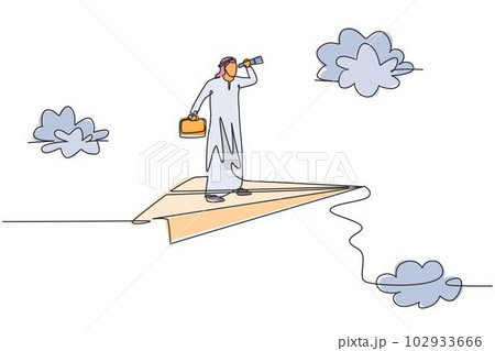 Continuous one line drawing young Arab male worker analyzing market on flying paper plane. Success business manager minimalist metaphor concept. Single line draw design vector graphic illustration Continuous one line drawing young Arab male worker analyzing market on flying paper plane. Success business manager minimalist metaphor concept. Single line draw design vector graphic illustration 102933666