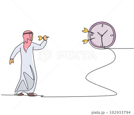 Single continuous line drawing young Arab business man hit the analog clock on wall with dart arrow. Focus target business metaphor concept. Dynamic one line draw graphic design vector illustration. 102933794