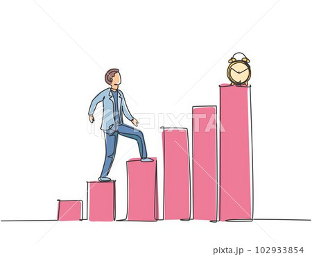 Single one line drawing of young business man walking on the graph bar to reach alarm clock. Business time discipline metaphor concept. Modern continuous line draw design graphic vector illustration 102933854