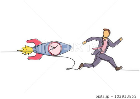 Continuous one line drawing young male worker chased by flying rocket with analog clock inside. Rush hour management business minimalist concept. Single line draw design vector graphic illustration 102933855