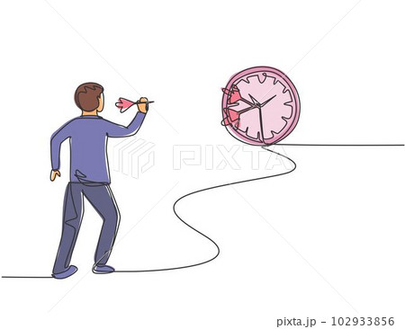 Single one line drawing of young business man hit the analog clock on wall with dart arrow. Business time discipline metaphor concept. Modern continuous line draw design graphic vector illustration 102933856