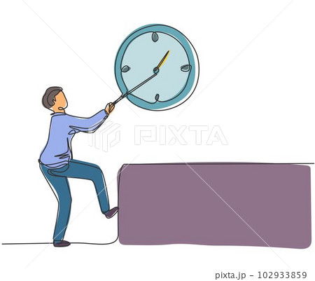 Continuous one line drawing young male worker pulling clockwise big analog clock on the wall. Time management business minimalist concept. Single line draw design vector graphic illustration 102933859