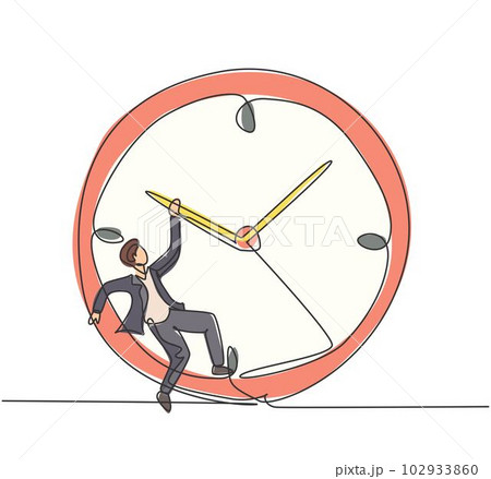 Single one line drawing of young business man hanging on clockwise of giant analog clock. Business time discipline metaphor concept. Modern continuous line draw design graphic vector illustration 102933860