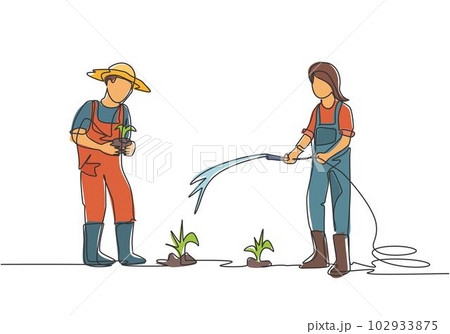 Single continuous line drawing couple farmer watering the plants using a hose and planting new plants. Farmer planting activities concept. Dynamic one line draw graphic design vector illustration. 102933875
