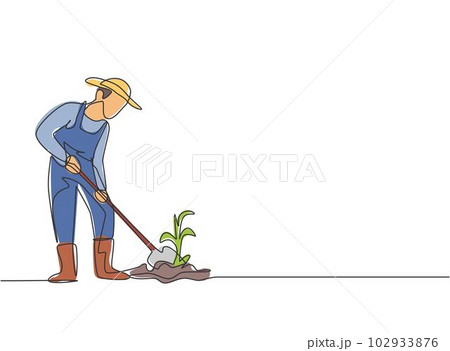 Continuous one line drawing young male farmer shoveled the soil with the plants using a shovel. Successful farming challenge minimalist concept. Single line draw design vector graphic illustration. 102933876