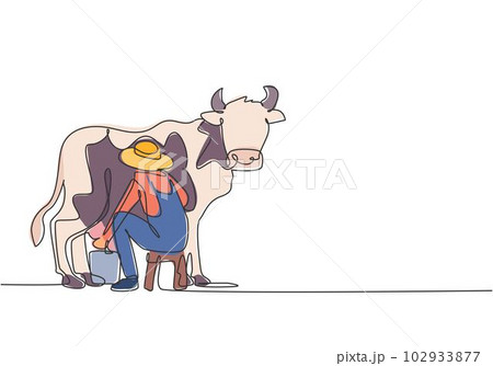 Single continuous line drawing young male farmer milking a cow with traditional way. A successful harvest activity minimalism concept. Dynamic one line draw graphic design vector illustration. 102933877