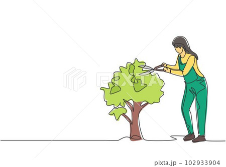 Continuous one line drawing young female farmer cut the leaves on the tree using plant scissors. Farming challenge minimalist concept. Single line draw design vector graphic illustration. Continuous one line drawing young female farmer cut the leaves on the tree using plant scissors. Farming challenge minimalist concept. Single line draw design vector graphic illustration. 102933904
