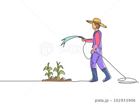 Single continuous line drawing young male farmer standing on farm field while watering the plants using a hose. Farmer planting activities concept. One line draw graphic design vector illustration. 102933906
