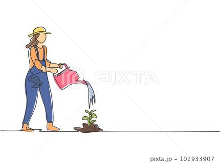 Single continuous line drawing young female farmer water the plants using a watering can. Farmer planting activities minimalism concept. Dynamic one line draw graphic design vector illustration. 102933907