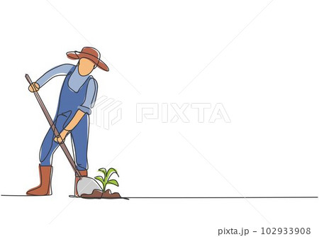 Single one line drawing of young male farmer shoveled the soil with the plants using a shovel. Farming challenge minimalist concept. Modern continuous line draw design graphic vector illustration. Single one line drawing of young male farmer shoveled the soil with the plants using a shovel. Farming challenge minimalist concept. Modern continuous line draw design graphic vector illustration. 102933908