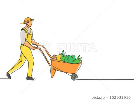 Single one line drawing of male farmer pushes the wheelbarrow trolley filled with fruits. A successful harvest activity minimalist concept. Continuous line draw design graphic vector illustration. Single one line drawing of male farmer pushes the wheelbarrow trolley filled with fruits. A successful harvest activity minimalist concept. Continuous line draw design graphic vector illustration. 102933910